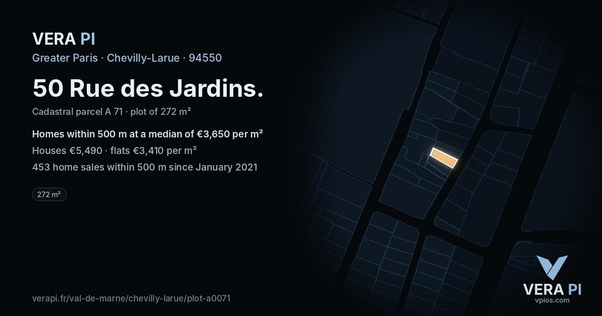 50 Rue des Jardins, Chevilly-Larue at night – the plot lit, the parcels around coloured by the prices near them