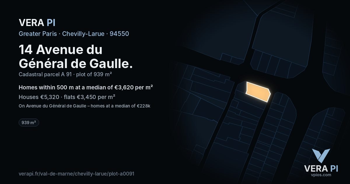 14 Avenue du Général de Gaulle, Chevilly-Larue at night – the plot lit, the parcels around coloured by the prices near them