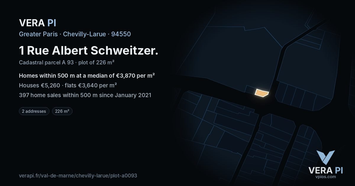 1 Rue Albert Schweitzer, Chevilly-Larue at night – the plot lit, the parcels around coloured by the prices near them