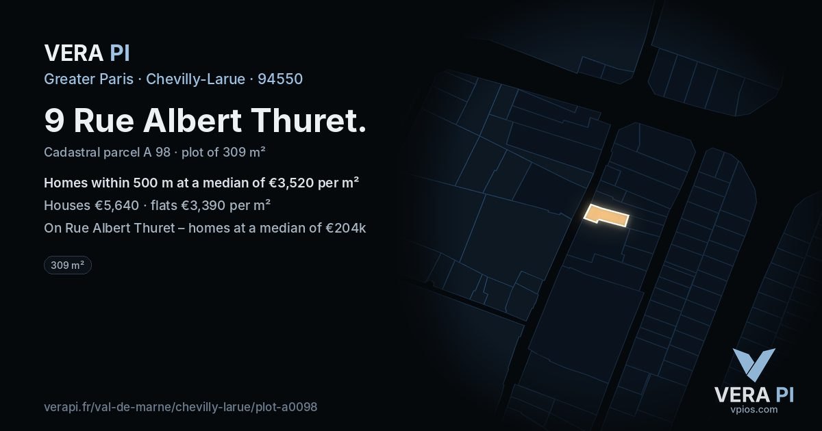 9 Rue Albert Thuret, Chevilly-Larue at night – the plot lit, the parcels around coloured by the prices near them
