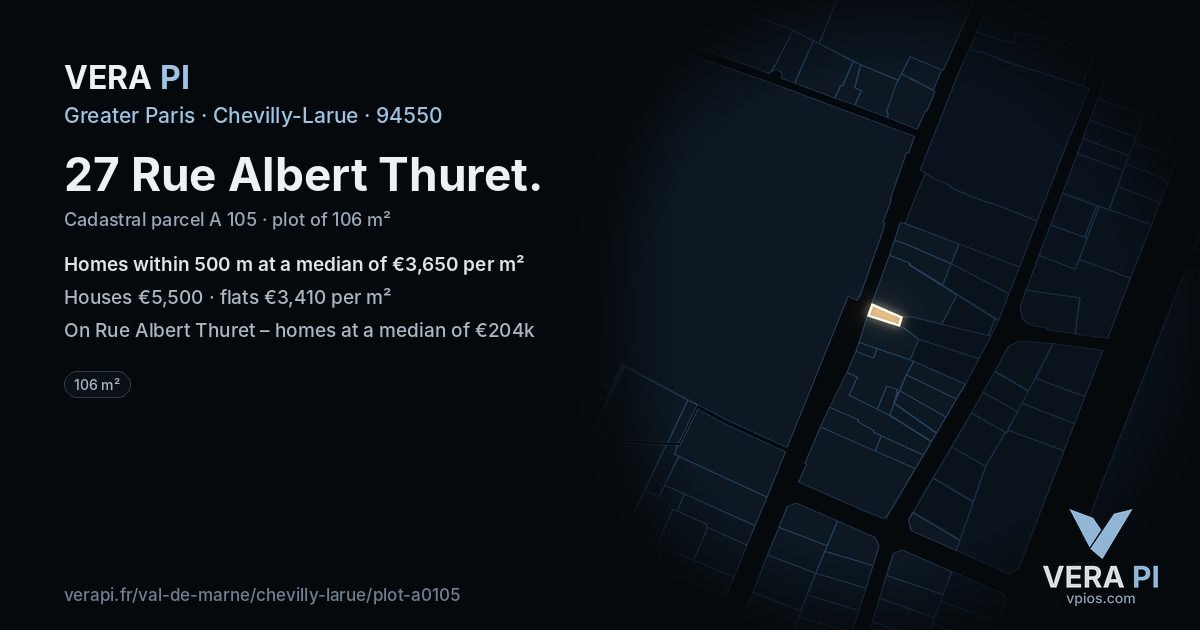 27 Rue Albert Thuret, Chevilly-Larue at night – the plot lit, the parcels around coloured by the prices near them