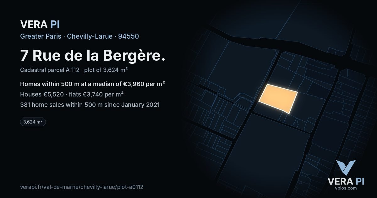 7 Rue de la Bergère, Chevilly-Larue at night – the plot lit, the parcels around coloured by the prices near them