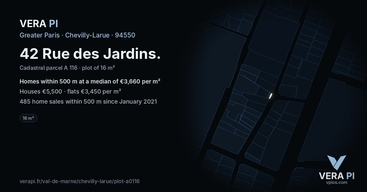 42 Rue des Jardins, Chevilly-Larue at night – the plot lit, the parcels around coloured by the prices near them