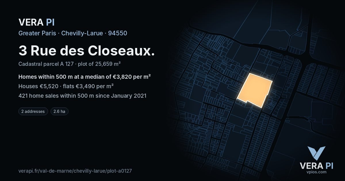 3 Rue des Closeaux, Chevilly-Larue at night – the plot lit, the parcels around coloured by the prices near them