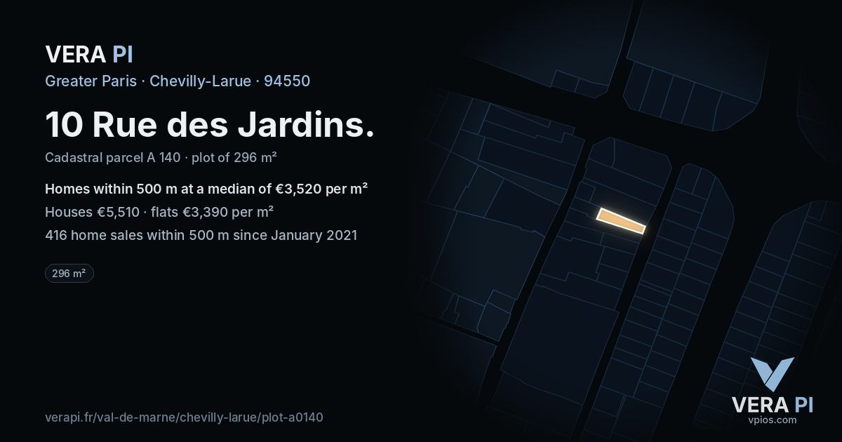 10 Rue des Jardins, Chevilly-Larue at night – the plot lit, the parcels around coloured by the prices near them