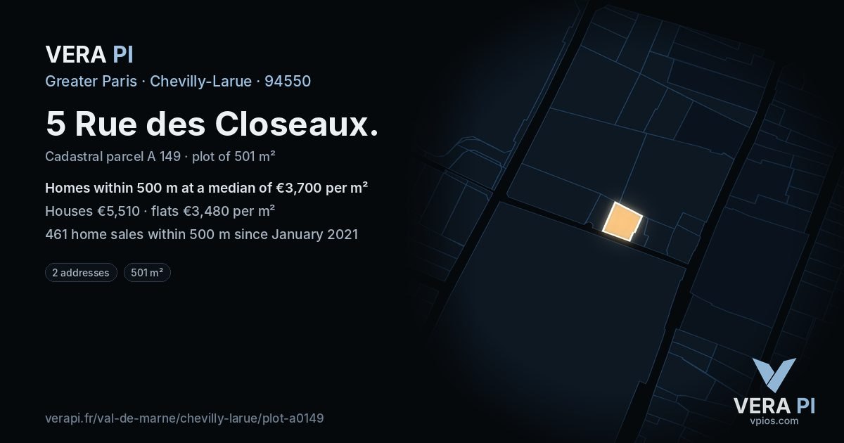 5 Rue des Closeaux, Chevilly-Larue at night – the plot lit, the parcels around coloured by the prices near them