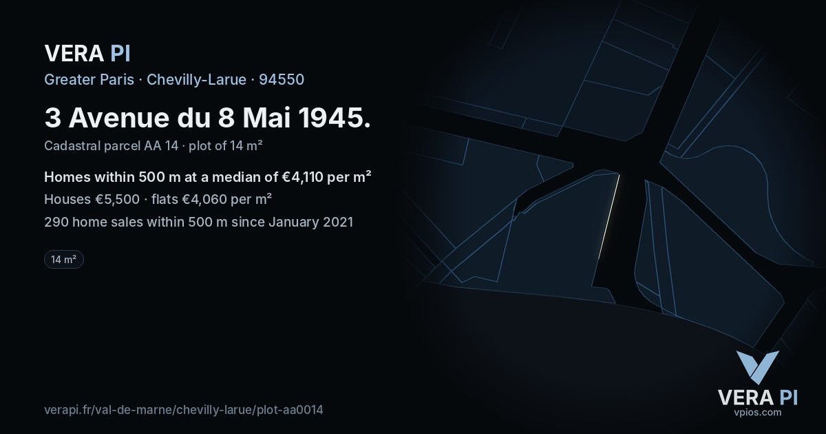 3 Avenue du 8 Mai 1945, Chevilly-Larue at night – the plot lit, the parcels around coloured by the prices near them