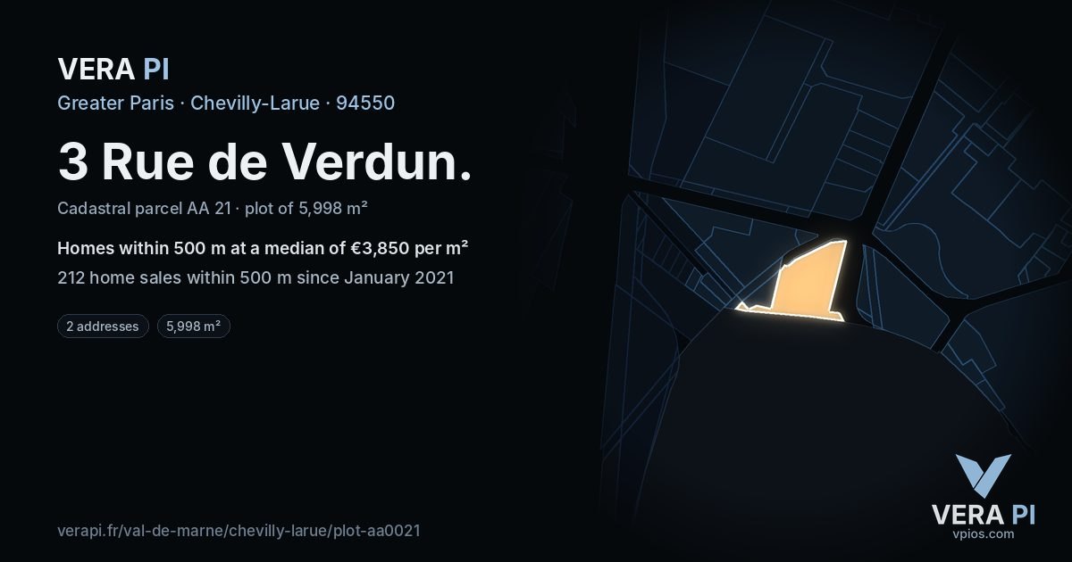 3 Rue de Verdun, Chevilly-Larue at night – the plot lit, the parcels around coloured by the prices near them