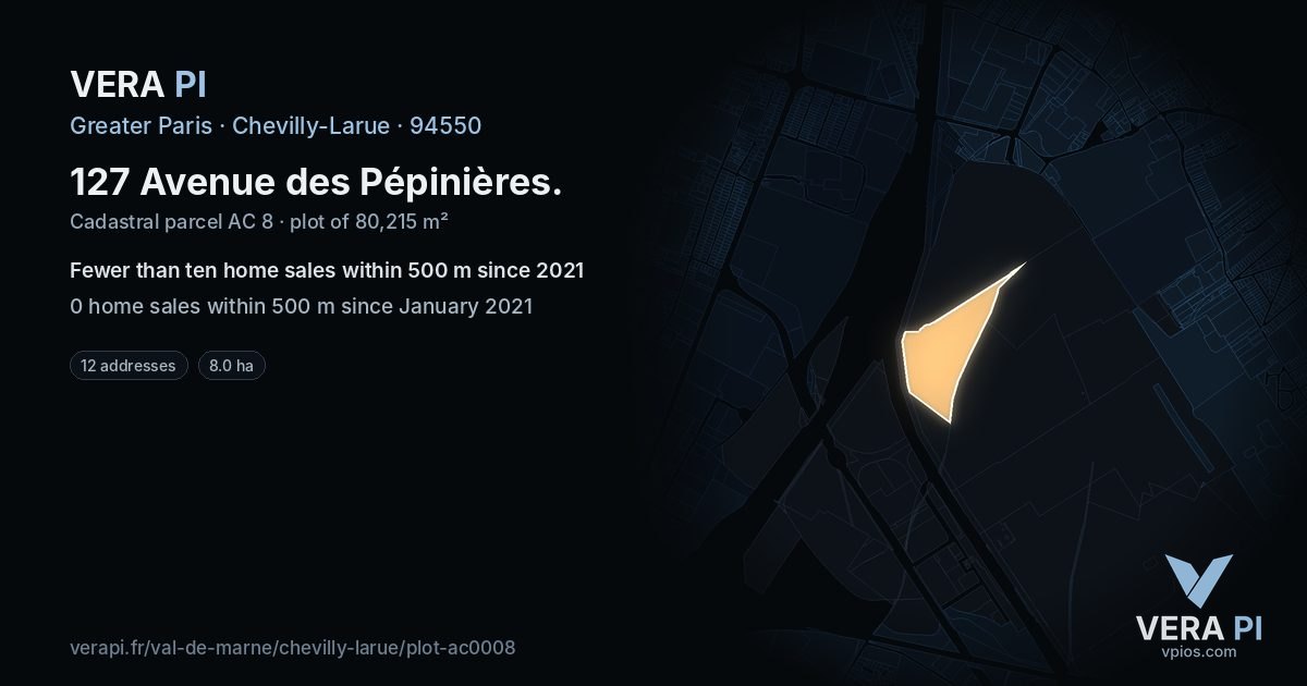 127 Avenue des Pépinières, Chevilly-Larue at night – the plot lit, the parcels around coloured by the prices near them