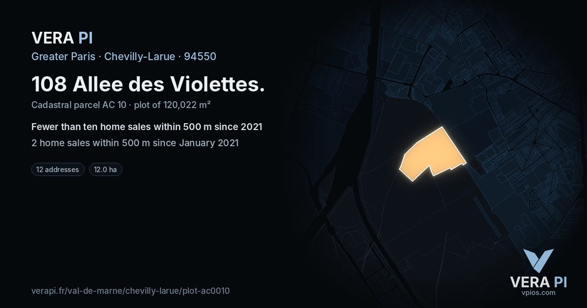 108 Allee des Violettes, Chevilly-Larue at night – the plot lit, the parcels around coloured by the prices near them
