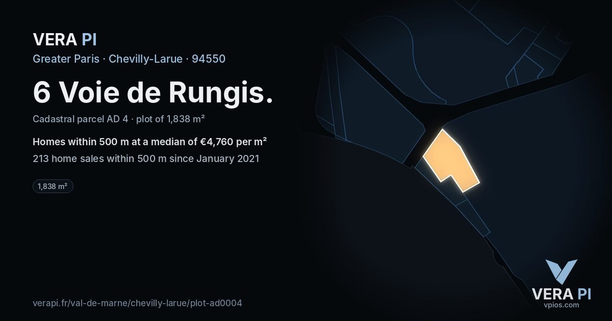 6 Voie de Rungis, Chevilly-Larue at night – the plot lit, the parcels around coloured by the prices near them