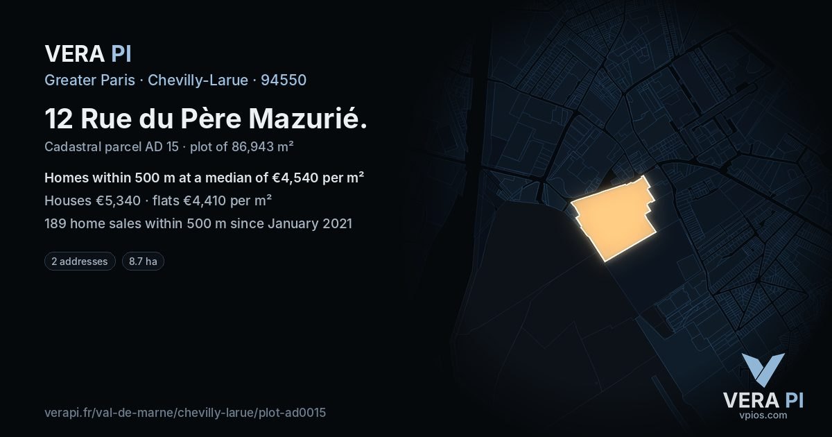 12 Rue du Père Mazurié, Chevilly-Larue at night – the plot lit, the parcels around coloured by the prices near them