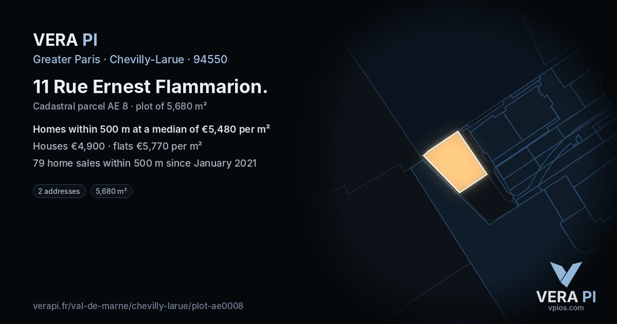 11 Rue Ernest Flammarion, Chevilly-Larue at night – the plot lit, the parcels around coloured by the prices near them