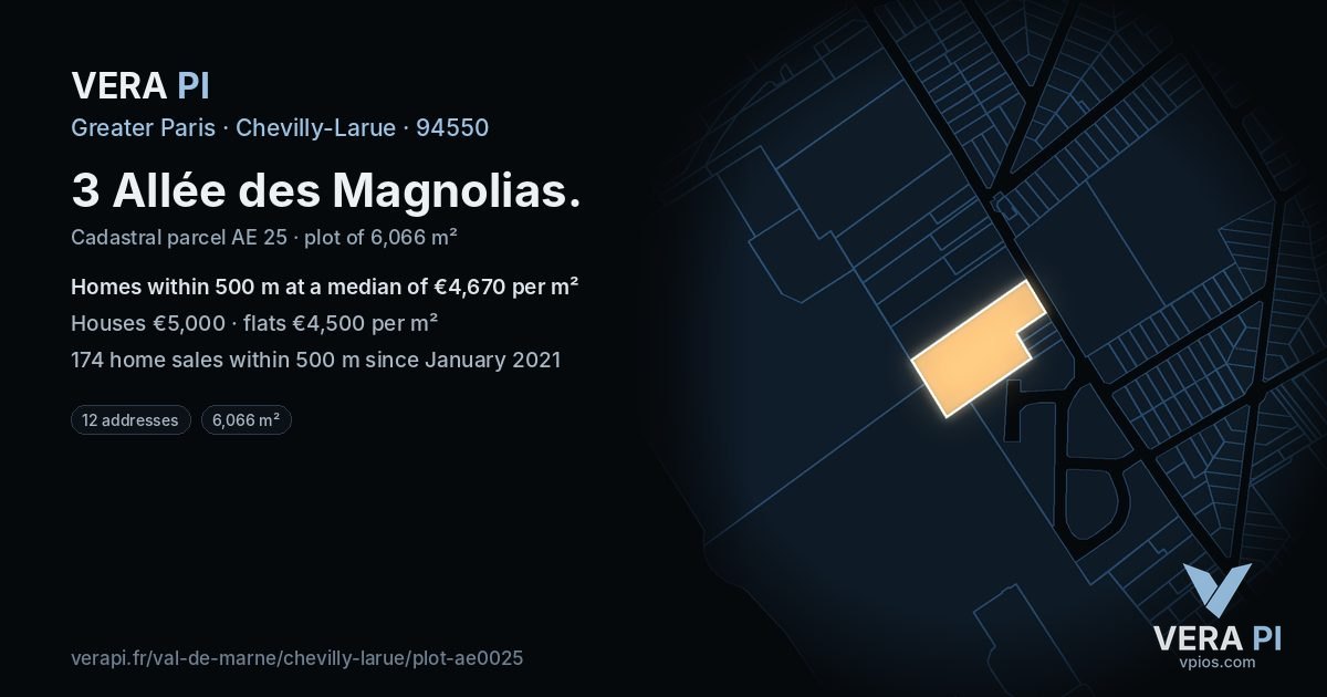 3 Allée des Magnolias, Chevilly-Larue at night – the plot lit, the parcels around coloured by the prices near them