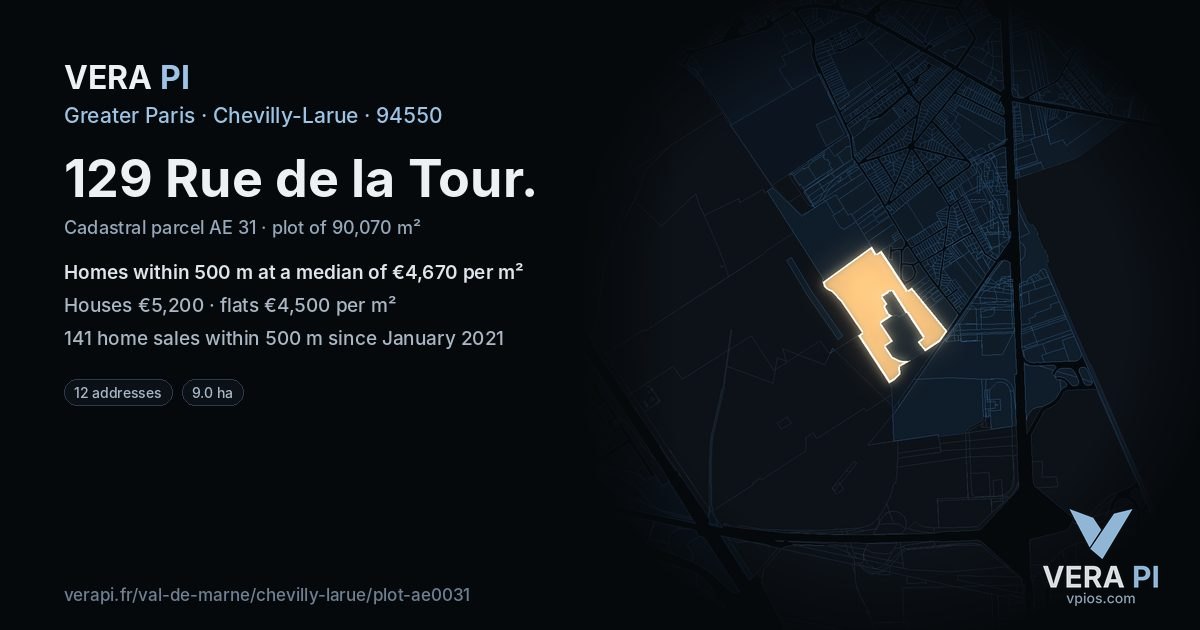 129 Rue de la Tour, Chevilly-Larue at night – the plot lit, the parcels around coloured by the prices near them