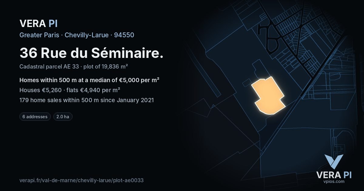 36 Rue du Séminaire, Chevilly-Larue at night – the plot lit, the parcels around coloured by the prices near them