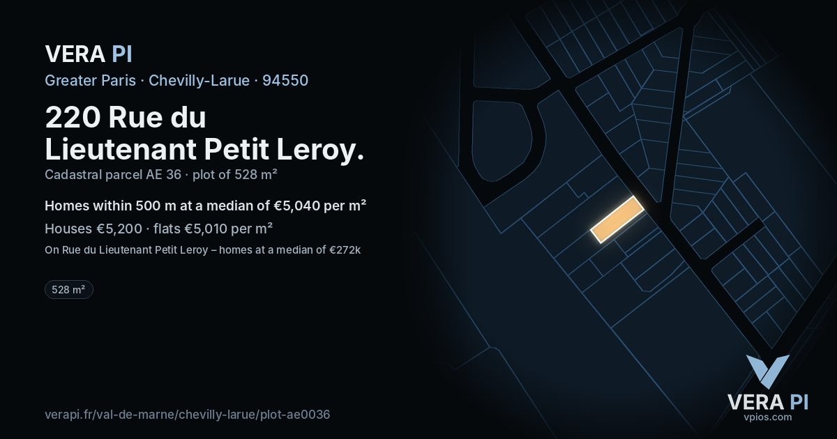 220 Rue du Lieutenant Petit Leroy, Chevilly-Larue at night – the plot lit, the parcels around coloured by the prices near them