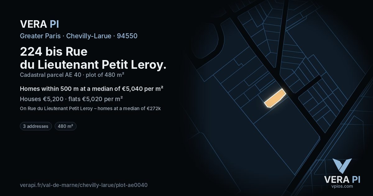 224 bis Rue du Lieutenant Petit Leroy, Chevilly-Larue at night – the plot lit, the parcels around coloured by the prices near them