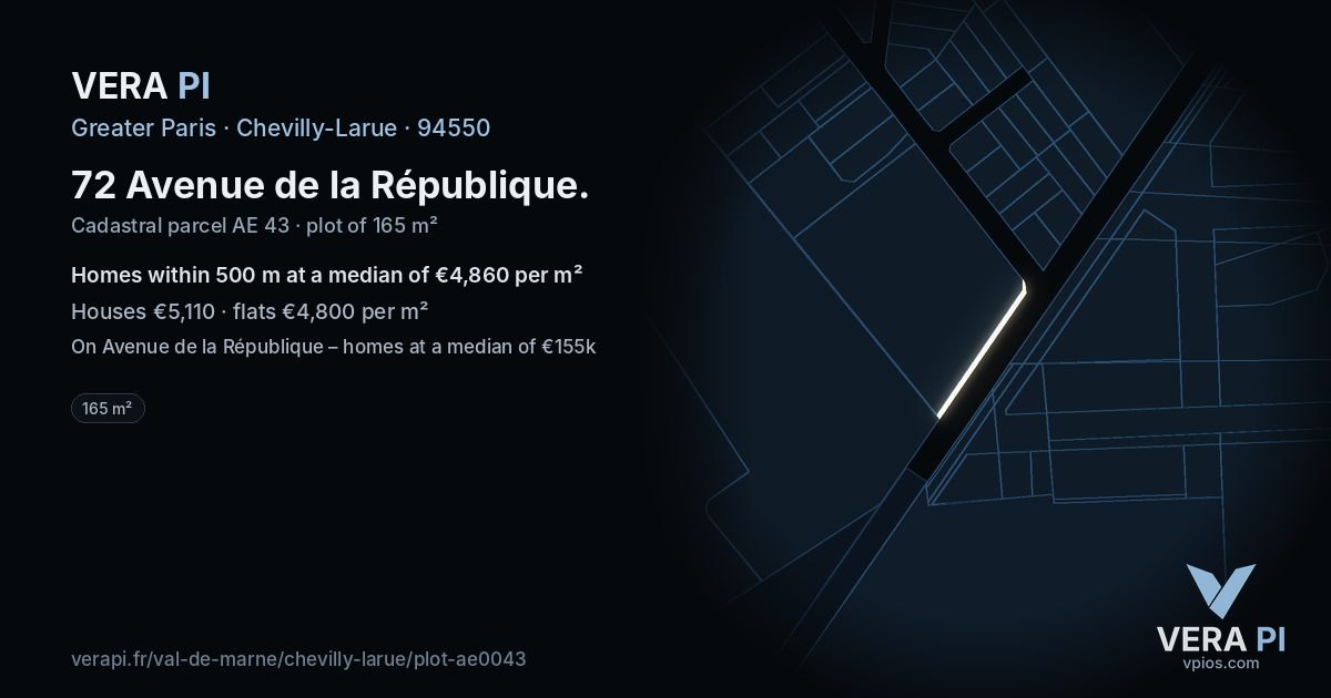 72 Avenue de la République, Chevilly-Larue at night – the plot lit, the parcels around coloured by the prices near them