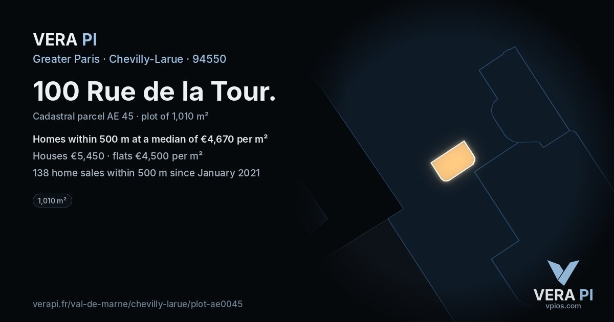 100 Rue de la Tour, Chevilly-Larue at night – the plot lit, the parcels around coloured by the prices near them