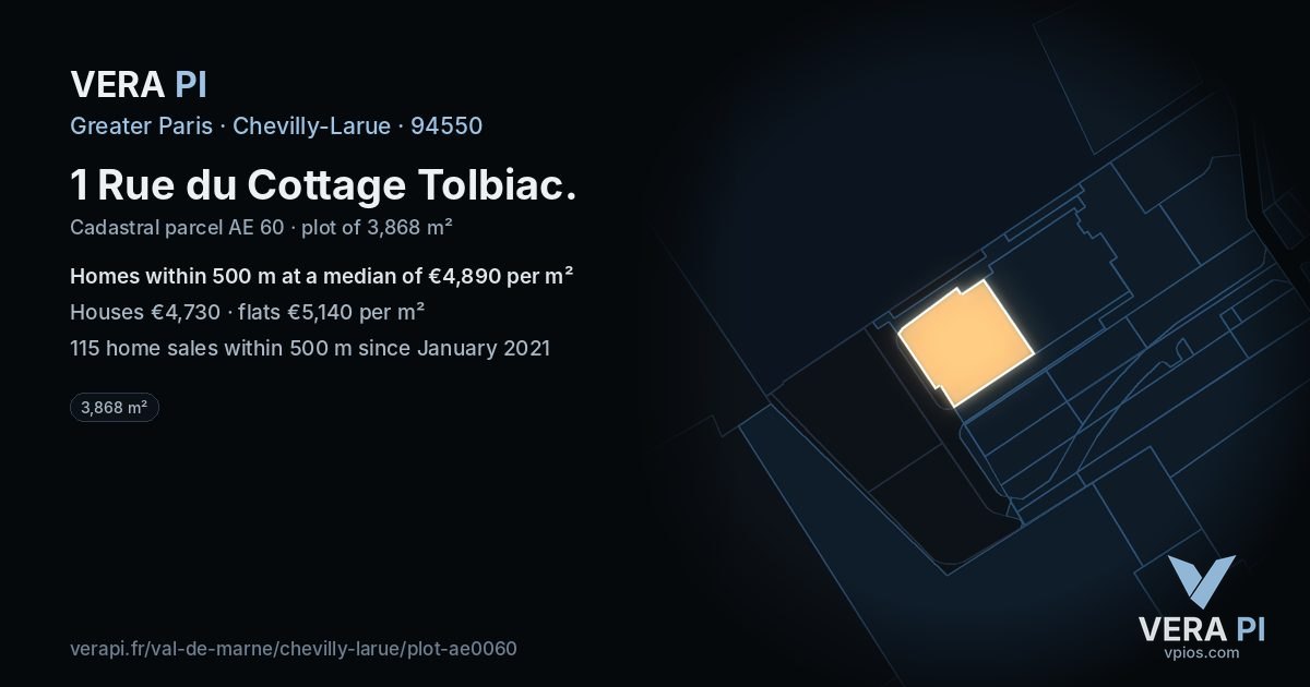 1 Rue du Cottage Tolbiac, Chevilly-Larue at night – the plot lit, the parcels around coloured by the prices near them
