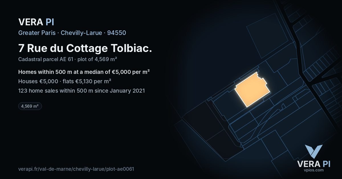 7 Rue du Cottage Tolbiac, Chevilly-Larue at night – the plot lit, the parcels around coloured by the prices near them