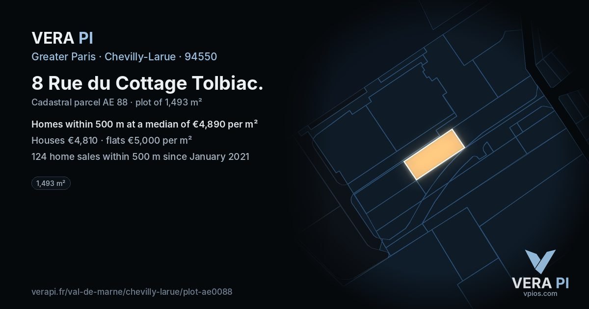 8 Rue du Cottage Tolbiac, Chevilly-Larue at night – the plot lit, the parcels around coloured by the prices near them
