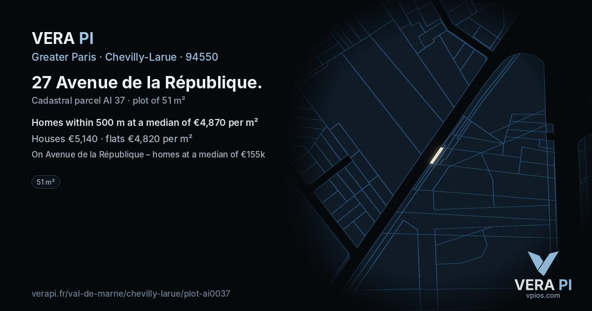 27 Avenue de la République, Chevilly-Larue at night – the plot lit, the parcels around coloured by the prices near them