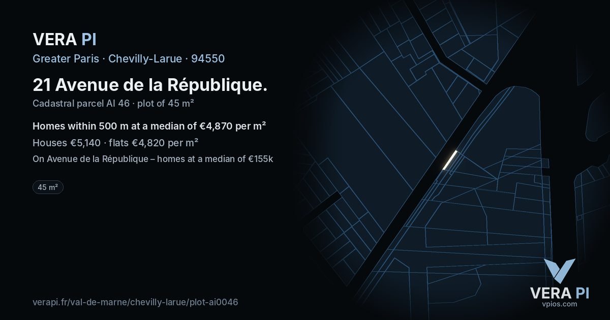 21 Avenue de la République, Chevilly-Larue at night – the plot lit, the parcels around coloured by the prices near them