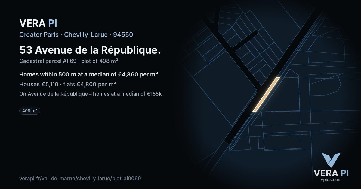53 Avenue de la République, Chevilly-Larue at night – the plot lit, the parcels around coloured by the prices near them