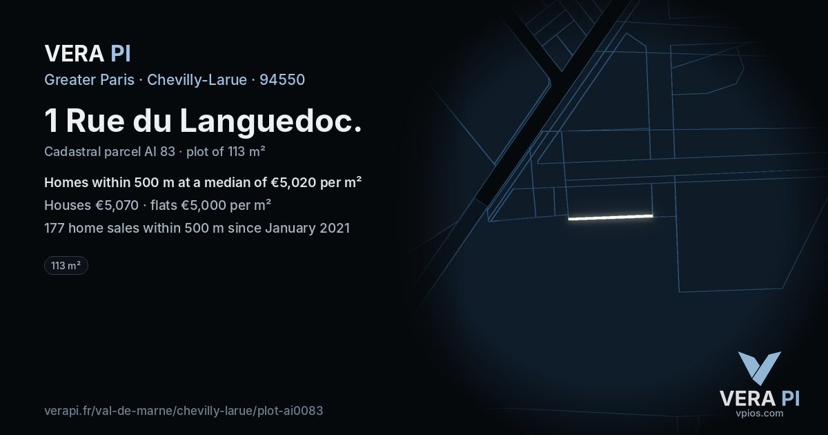 1 Rue du Languedoc, Chevilly-Larue at night – the plot lit, the parcels around coloured by the prices near them