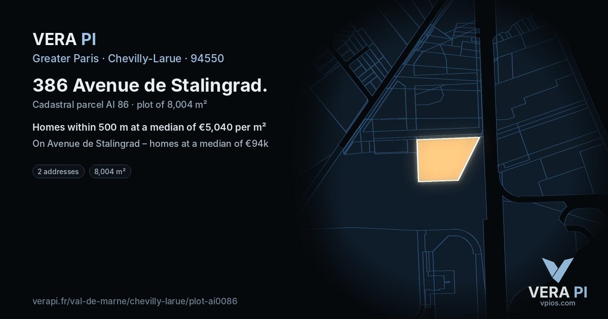 386 Avenue de Stalingrad, Chevilly-Larue at night – the plot lit, the parcels around coloured by the prices near them