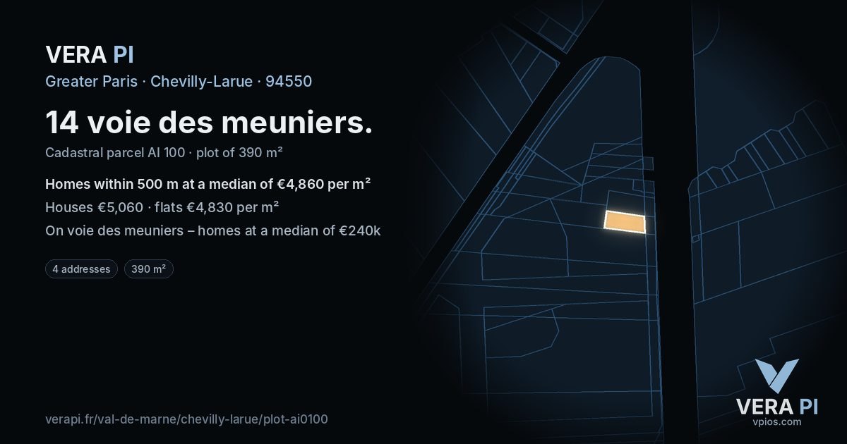 14 voie des meuniers, Chevilly-Larue at night – the plot lit, the parcels around coloured by the prices near them