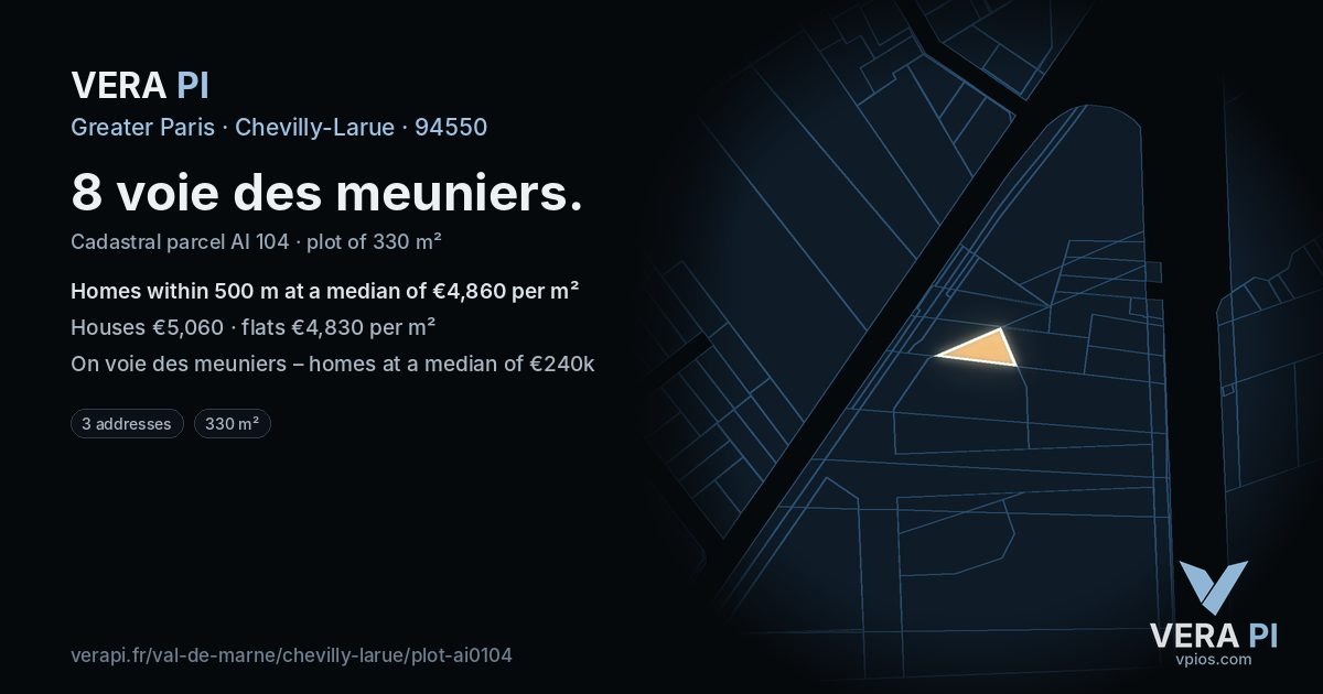 8 voie des meuniers, Chevilly-Larue at night – the plot lit, the parcels around coloured by the prices near them