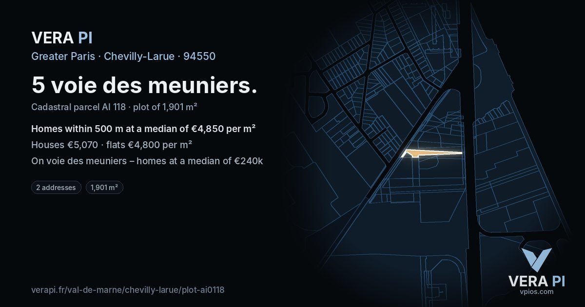 5 voie des meuniers, Chevilly-Larue at night – the plot lit, the parcels around coloured by the prices near them