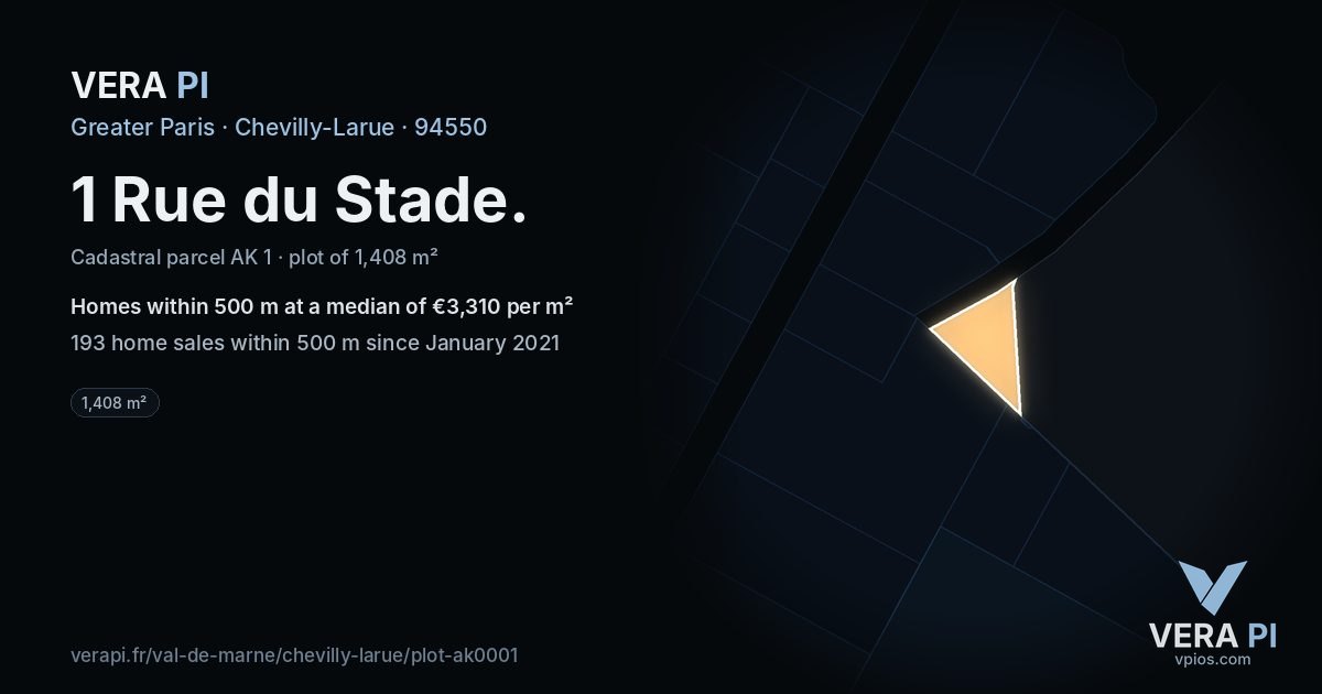 1 Rue du Stade, Chevilly-Larue at night – the plot lit, the parcels around coloured by the prices near them