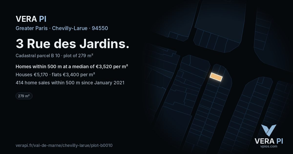 3 Rue des Jardins, Chevilly-Larue at night – the plot lit, the parcels around coloured by the prices near them