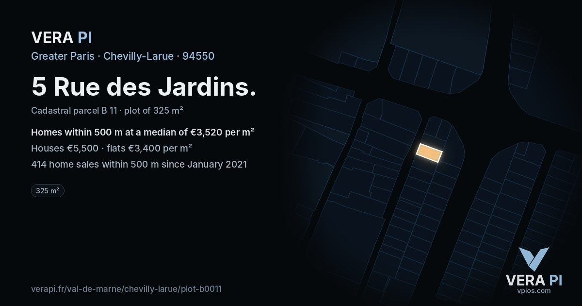 5 Rue des Jardins, Chevilly-Larue at night – the plot lit, the parcels around coloured by the prices near them