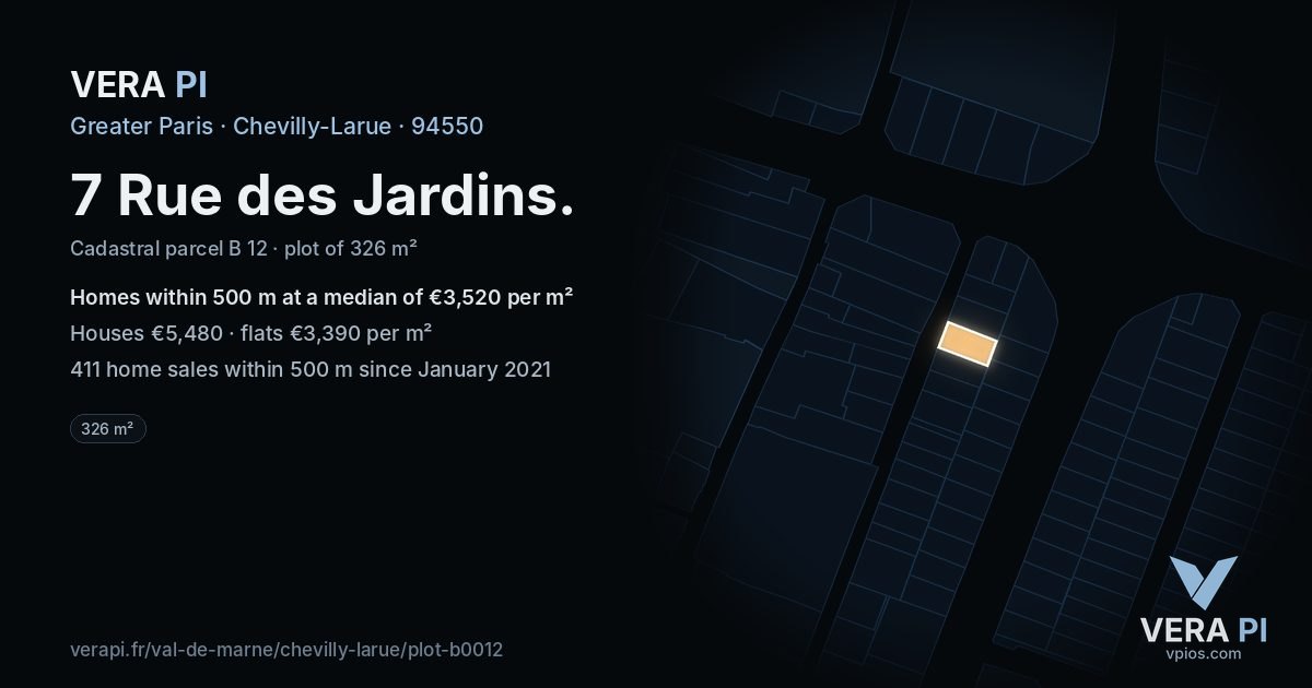 7 Rue des Jardins, Chevilly-Larue at night – the plot lit, the parcels around coloured by the prices near them