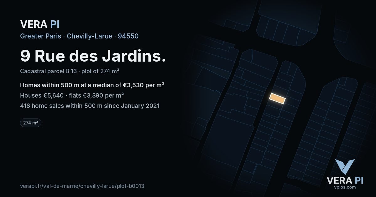 9 Rue des Jardins, Chevilly-Larue at night – the plot lit, the parcels around coloured by the prices near them