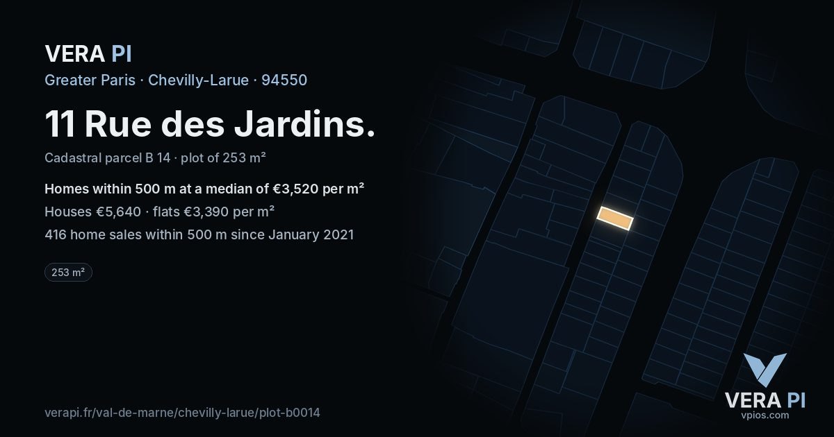 11 Rue des Jardins, Chevilly-Larue at night – the plot lit, the parcels around coloured by the prices near them