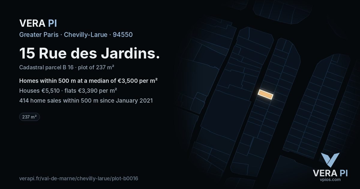 15 Rue des Jardins, Chevilly-Larue at night – the plot lit, the parcels around coloured by the prices near them