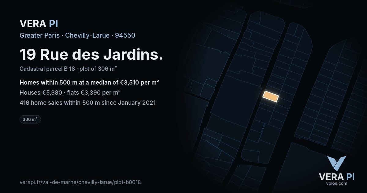19 Rue des Jardins, Chevilly-Larue at night – the plot lit, the parcels around coloured by the prices near them