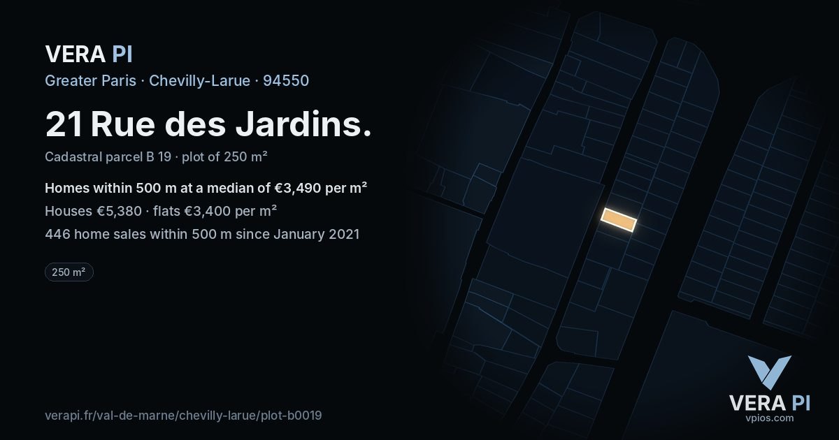 21 Rue des Jardins, Chevilly-Larue at night – the plot lit, the parcels around coloured by the prices near them