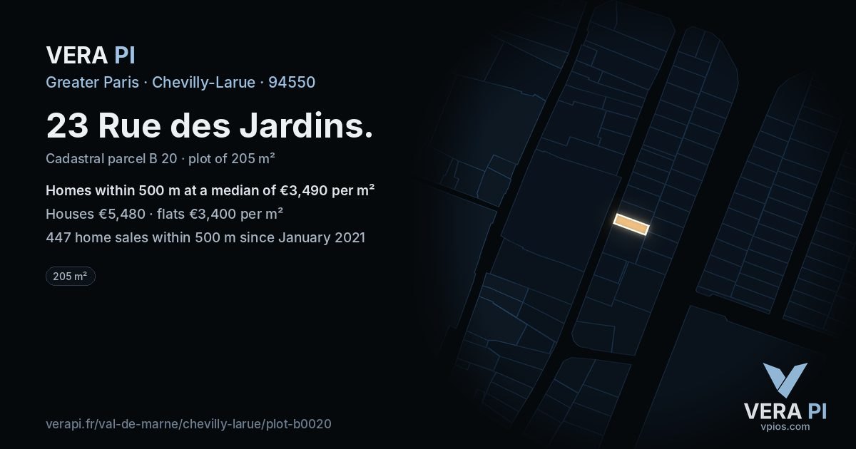 23 Rue des Jardins, Chevilly-Larue at night – the plot lit, the parcels around coloured by the prices near them