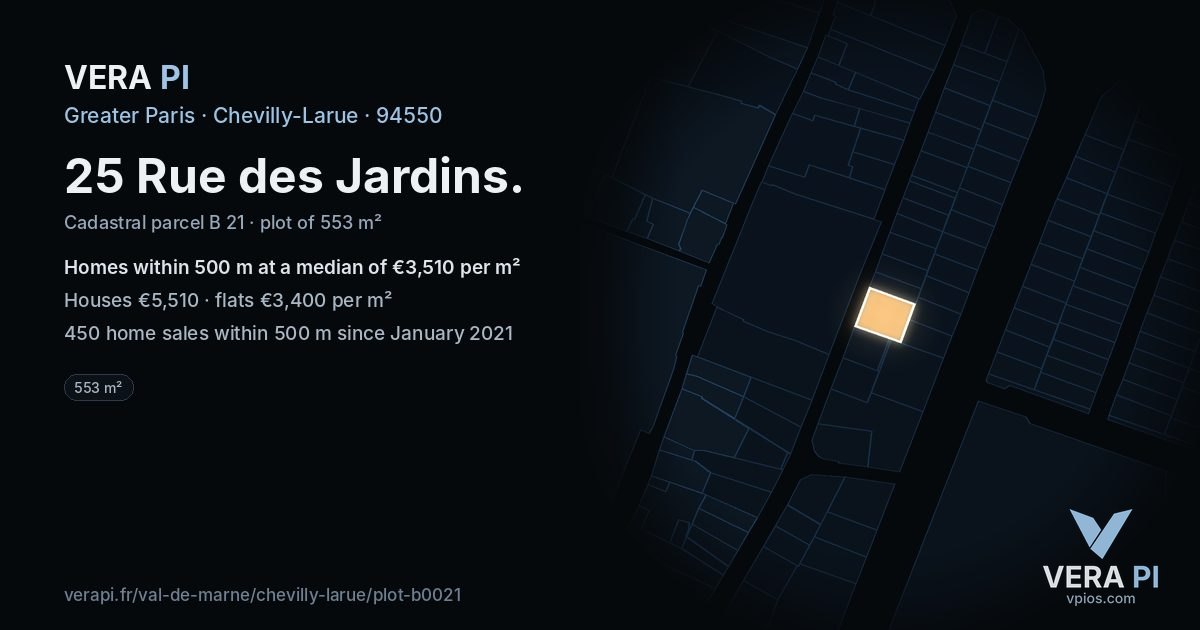 25 Rue des Jardins, Chevilly-Larue at night – the plot lit, the parcels around coloured by the prices near them