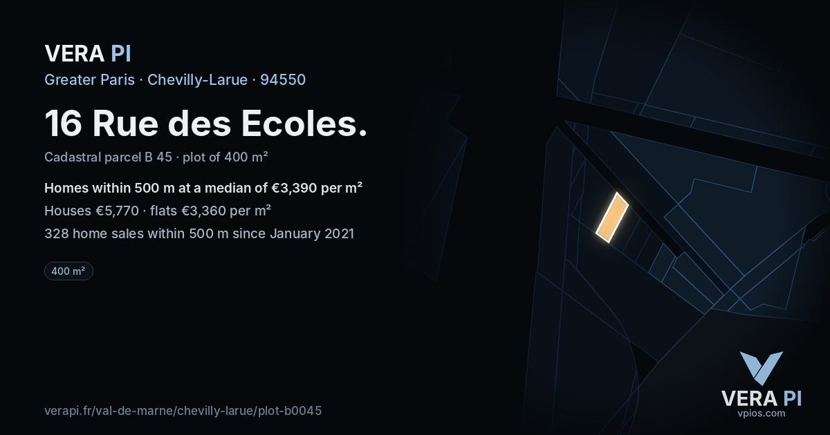 16 Rue des Ecoles, Chevilly-Larue at night – the plot lit, the parcels around coloured by the prices near them