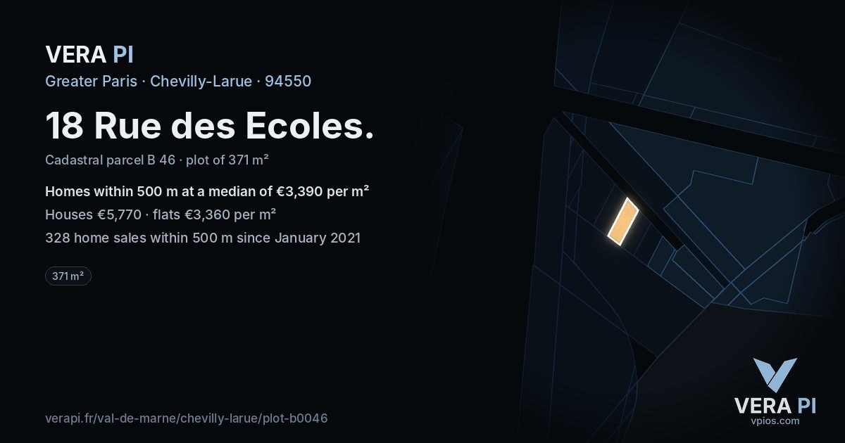 18 Rue des Ecoles, Chevilly-Larue at night – the plot lit, the parcels around coloured by the prices near them