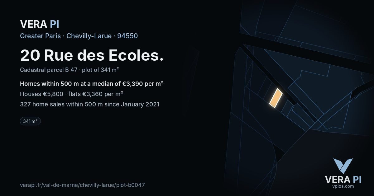 20 Rue des Ecoles, Chevilly-Larue at night – the plot lit, the parcels around coloured by the prices near them