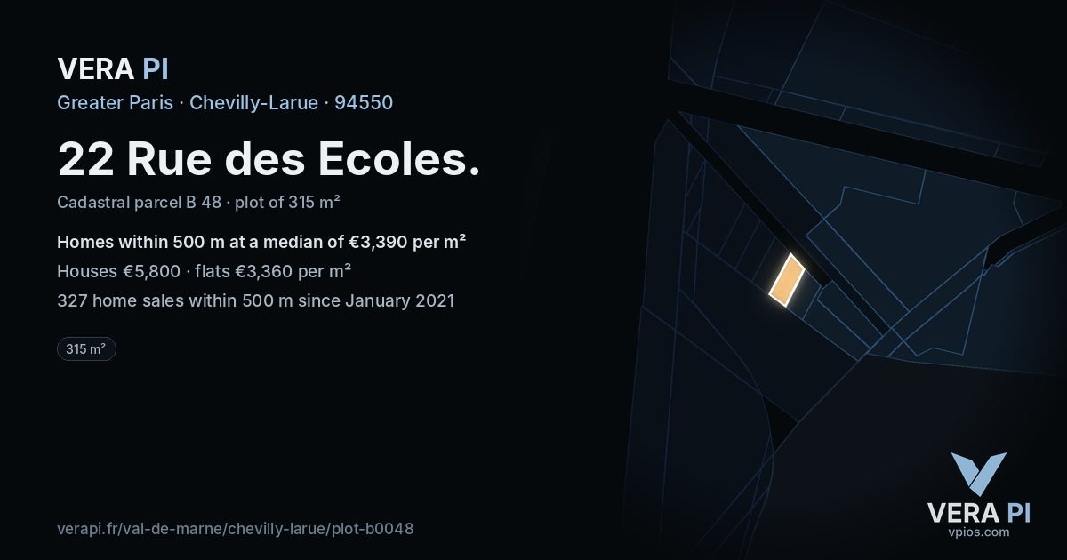 22 Rue des Ecoles, Chevilly-Larue at night – the plot lit, the parcels around coloured by the prices near them